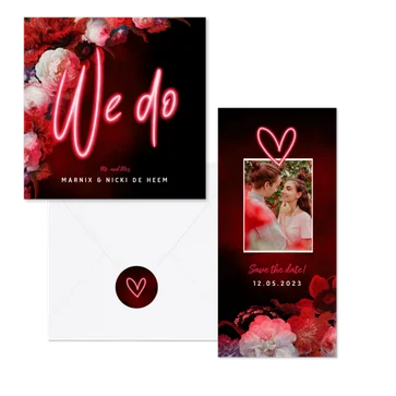 Neon trouwkaartenset met bloemen